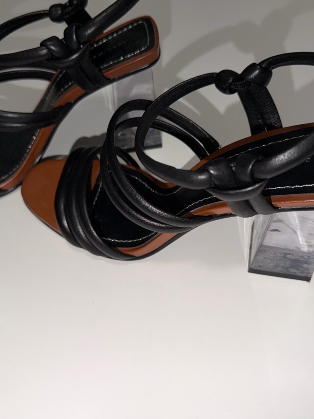 Zara Black Strappy Sandals with Clear Block Heel and Brown Footbed
